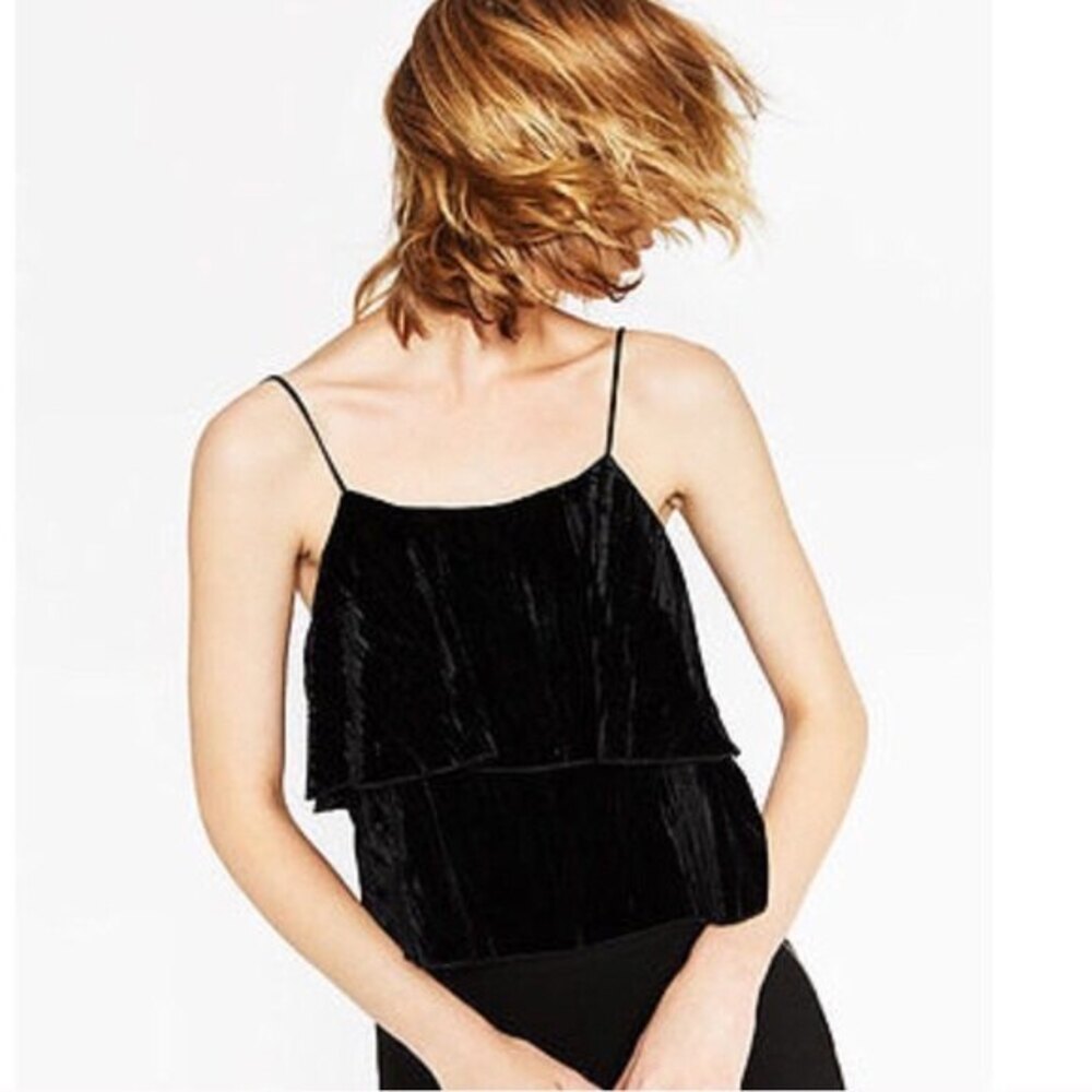 Zara W&B Collection Women's Small Black Crushed Velvet Strappy Tiered Crop Top